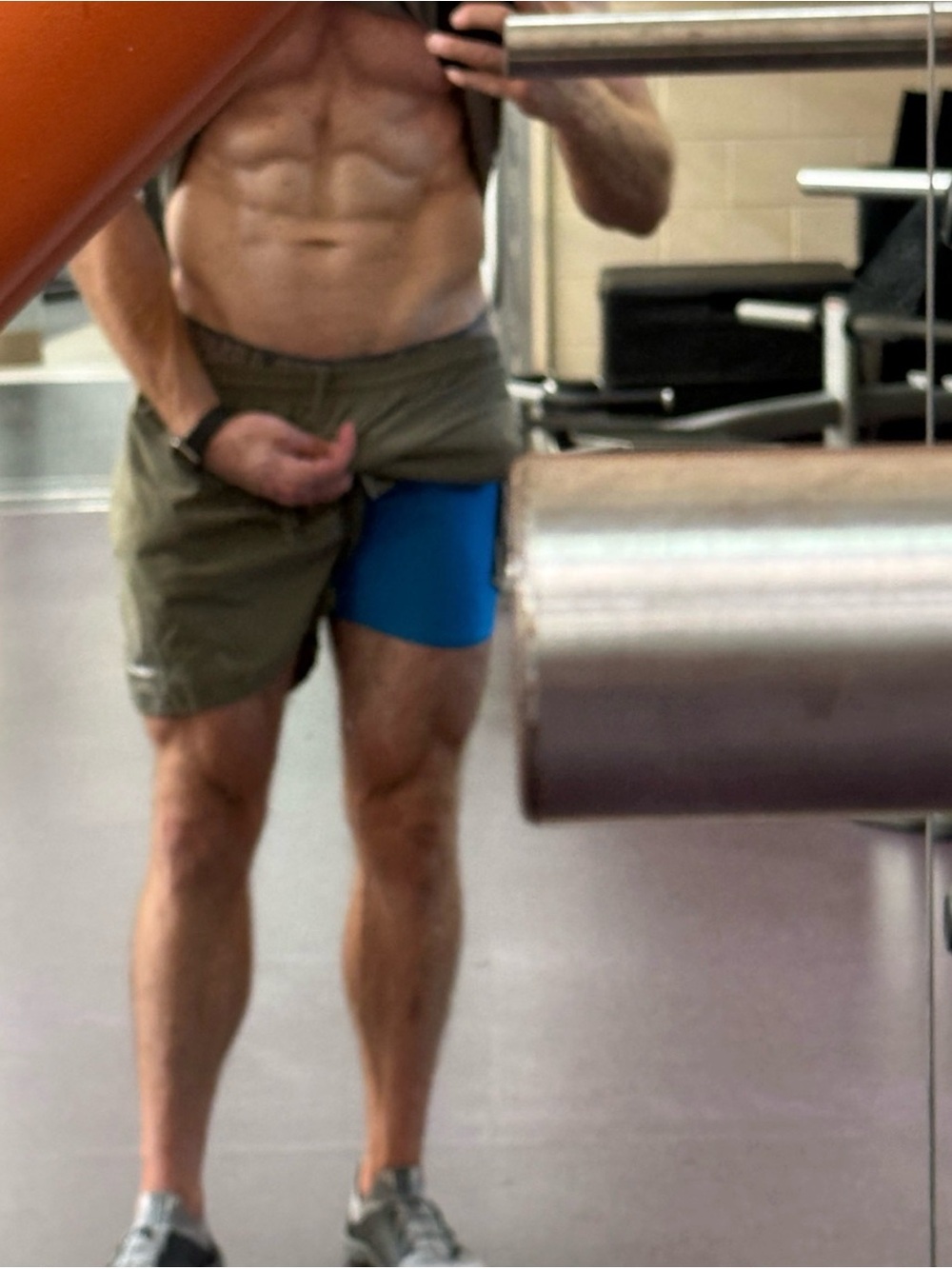 Custom used Under Armour Olive Green Athletic Shorts with Blue Compression Liner